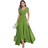 open lace back dress Zapaka Women Dark Green Long Mother of The Bride Dress A-Line Chiffon Round Neck Wedding Guest Dress, Dark Green / US8