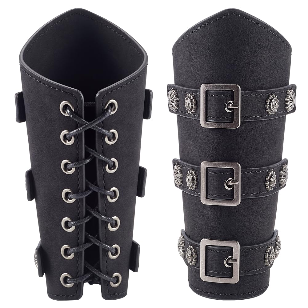 GORGECRAFT 2PCS Halloween Black Buckles Wrist Cuffs Bracers PU Leather Cord Arm Guards Mercenary Faux Leather LARP Gauntlet Vintage Renaissance Knight Arm Wristbands Cuff Armor Costume for Men Cosplay