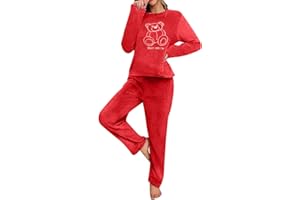 Women's Cute Bear Fleece Pajamas Sets Soft Warm Flannel Sleepwear Long Sleeve 2 Piece Fuzzy PJ Set Ladies Loungewear