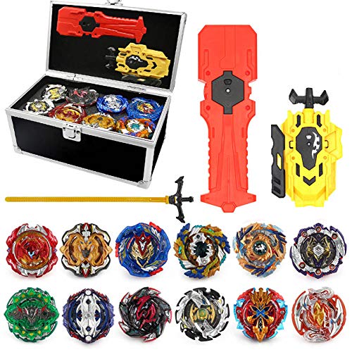3T6B Spinning Tops Gyro Toy Set, 12pcs New Spinning Tops with 2 Turbo Blast Launchers Aluminum Alloy Case Gyro Rotating Pocket Box Portable Case