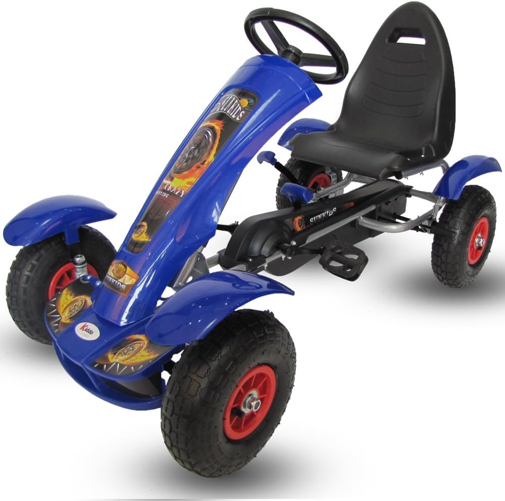 Kiddo Deluxe Design Blue Kids Childrens Pedal Go-Kart Ride-On Car , Adjustable Seat, Rubber Tyres, Mud Guards - Suitable For 4 to 9 Years - New