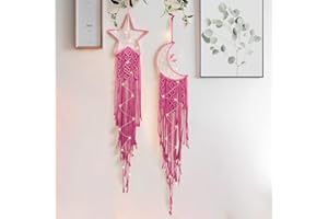 MGAHYI Moon Star Dream Catcher Decor,Macrame Woven Dreamcatcher with Light,Bohemian Wall Hanging Decoration,Bedroom,Home Decoration (Rose Red Moon Star)