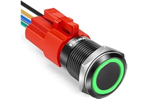 XINYIELE 16MM Latching 12V Push Button Switch On Off,Waterproof with LED Light Power Button Switch for car，0.63" Mounting Hole with Wire Socket Plug Self-Locking(Ring Green LED/Black Shell