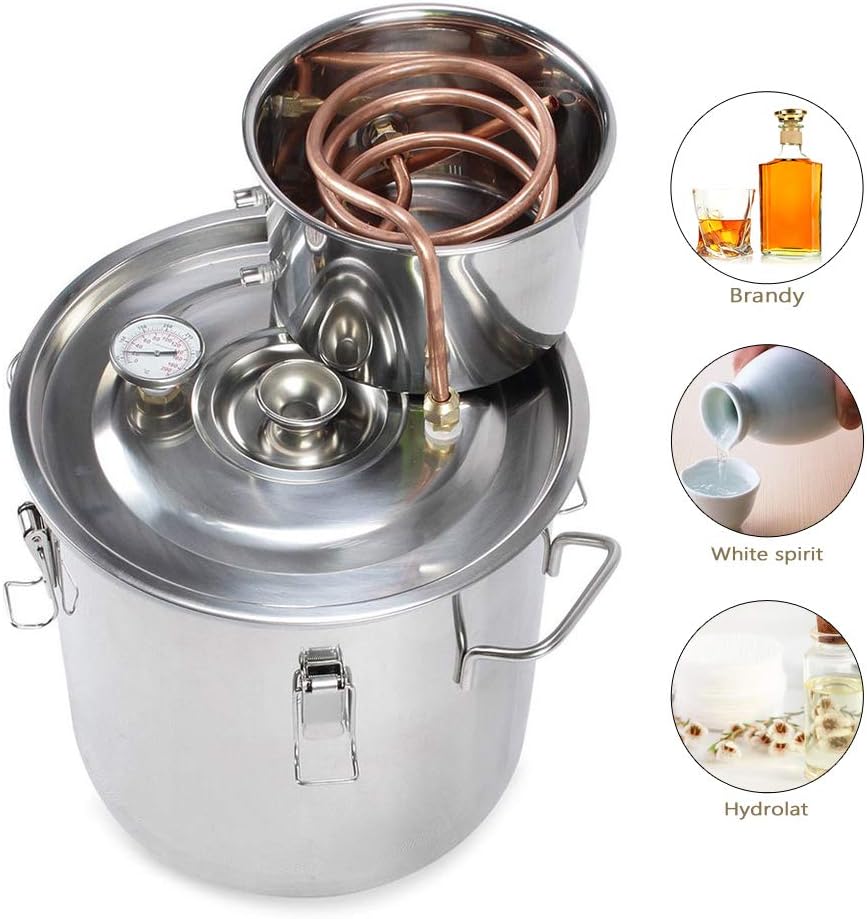 HiHydro Home Water Alcohol Distiller 3 Gallon 12 Liter Copper Moonshine Still Kit Stainless Steel Spirits Boiler