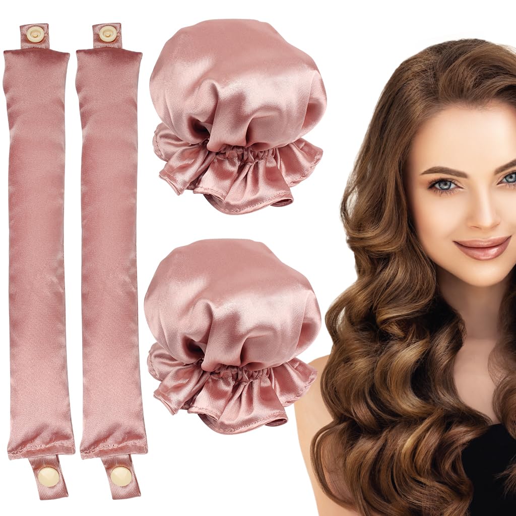 Heatless Curlers,No Heat Hair Curling Rod with Soft Satin Curling Caps for Long & Medium Hair Sleep In Curling Kits of 2 Pieces for Women Girls (Pink)