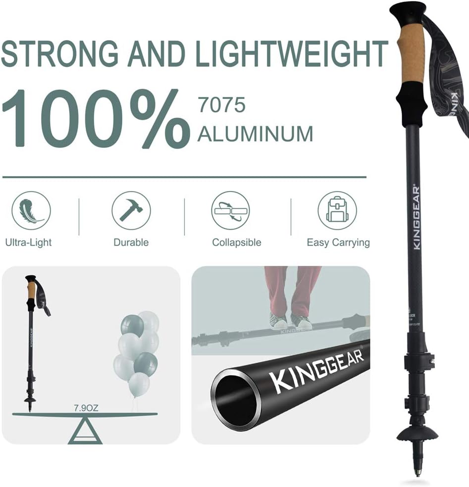 KINGGEAR Trekking Poles, Collapsible Adjustable Walking Sticks, Lightweight 7075 Aluminum, Quick Flip Lock, Anti-Sweat Cork, Tungsten Tips for Hiking, Nordic Walking and Cross Trekking(Black) : Sports & Outdoors