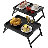 Youpehom Bamboo Bed Tray Tables with Folding Legs, Medium, 2-Pack, Black | Two bamboo bed trays with folding legs and handles for meals, laptops, reading and serving in bed or on a sofa.