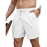 PLEPAN Mens 5 Inch Linen Shorts - Casual Elastic Waist Drawstring Summer Beach Shorts with Pocket
