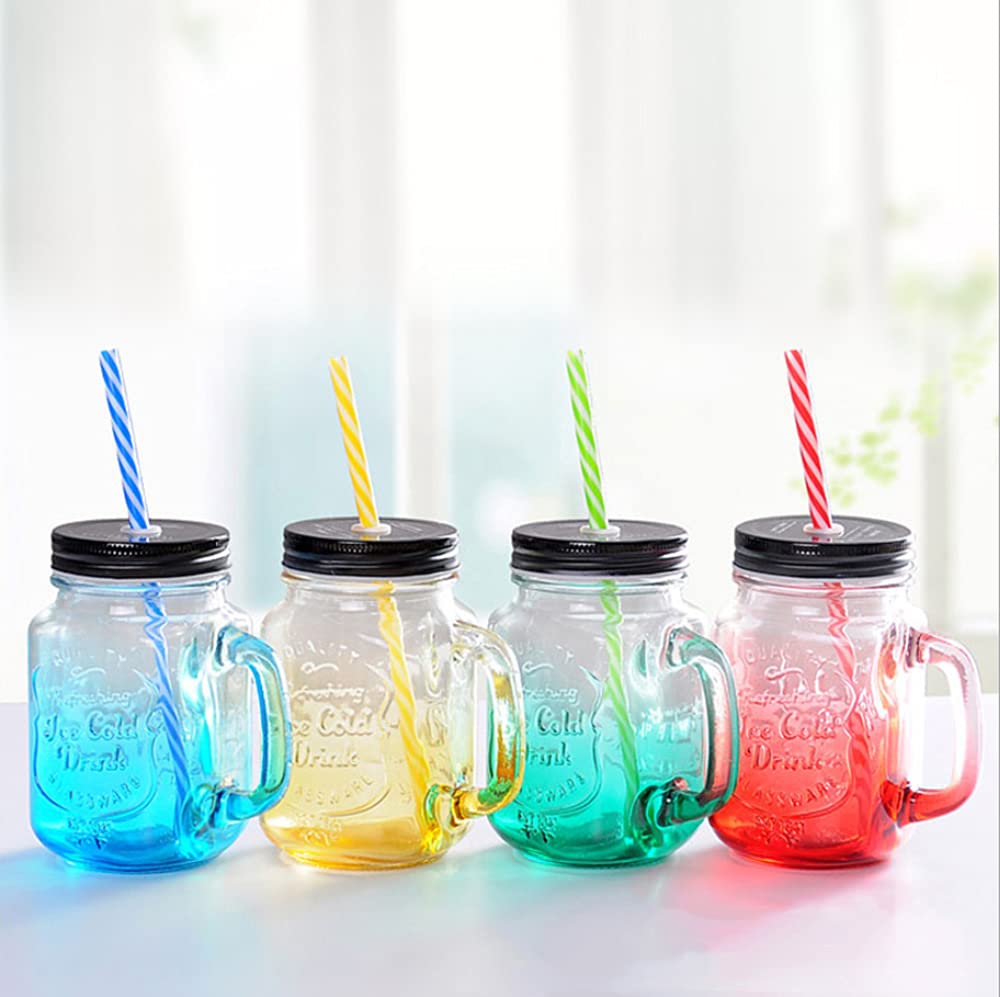 Tikwisdom Gradient Color,Mason Jars，Glass Jars，Canning lids，Canning Jars 4-Piece Glass Drinking jar with lid and Straw 500 ml