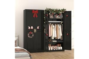 TIMELESS PIECES Metal Wardrobe Cabinets,Black Armoire Wardrobe Closet with Hanging Rod,Clothes Storage Cabinet with Adjustable Shelves and Doors,Clothing Cabinet for Bedroom, Office, Laundry Room