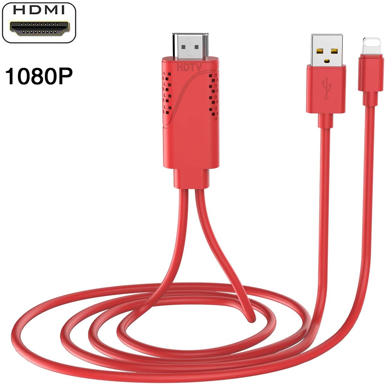 HDMI Adapter Mirroring TV Cable-Red Compatible with Apple iPhones and iPads. A Very Neat & Unobtrusive Converter Lead. High Definition 1080P Mirroring TV Projector or Monitor Screen Sharing. 1.8M.