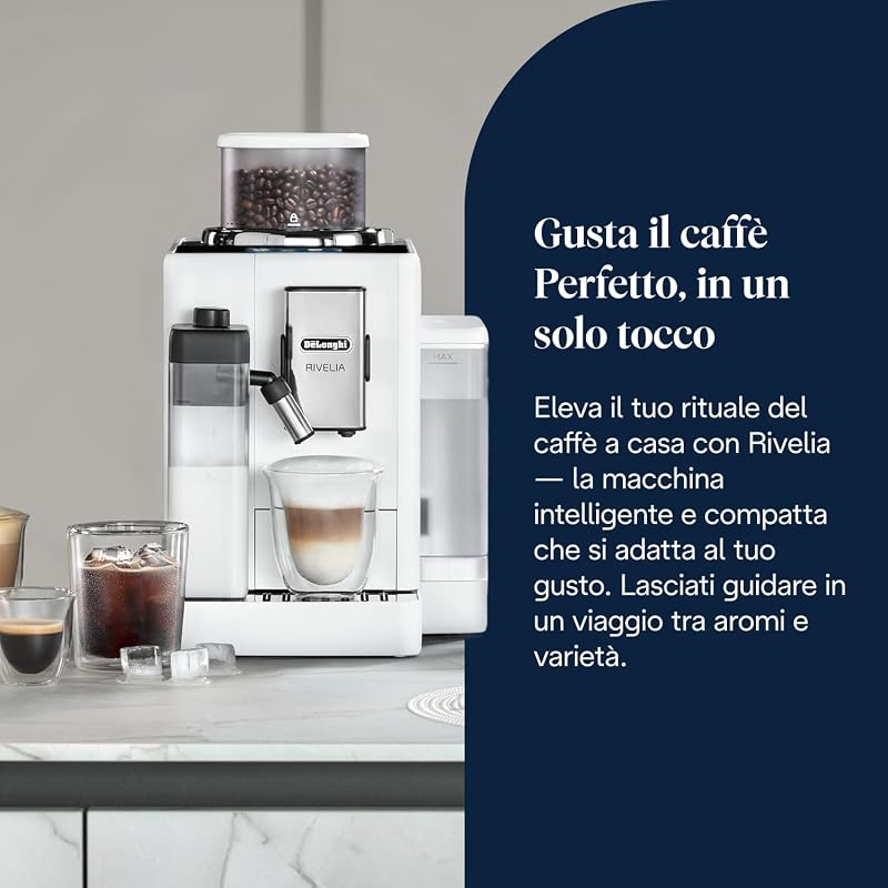 Rivelia Perfetto EXAM440.55.W Macchina da Caffè Automatica, Chicchi Macinati al Momento, Portachicchi Intercambiabile, Caraffa Montalatte Automatica, Display Touch a Colori, 1450W, Bianca