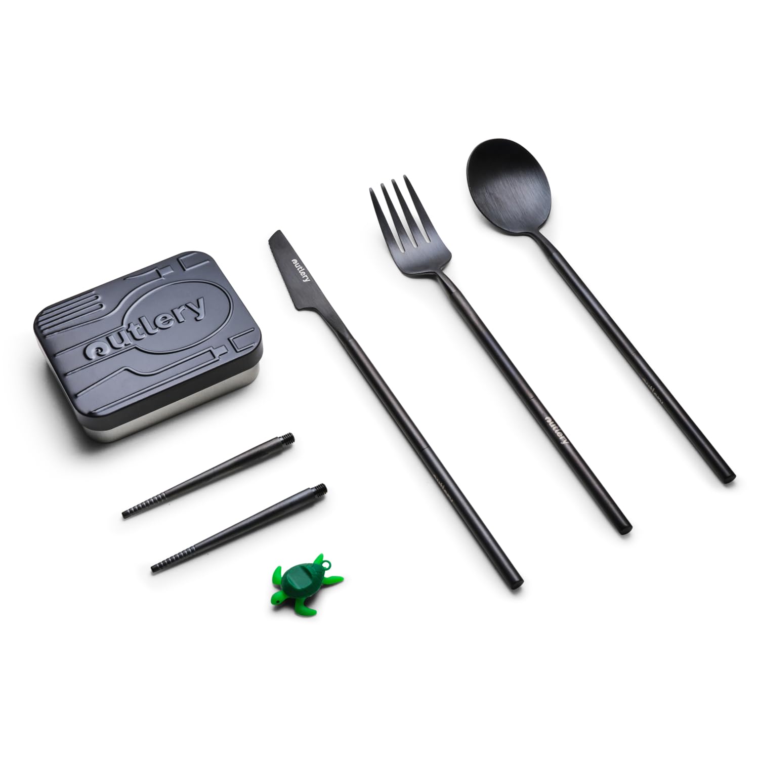 Outlery Full Set | Portable & Reusable Stainless Steel Travel Cutlery Set and Reusable Chopsticks with Case for Camping, Picnic, Office and On-The-Go (Pocket Sized Flatware Set) (Black)