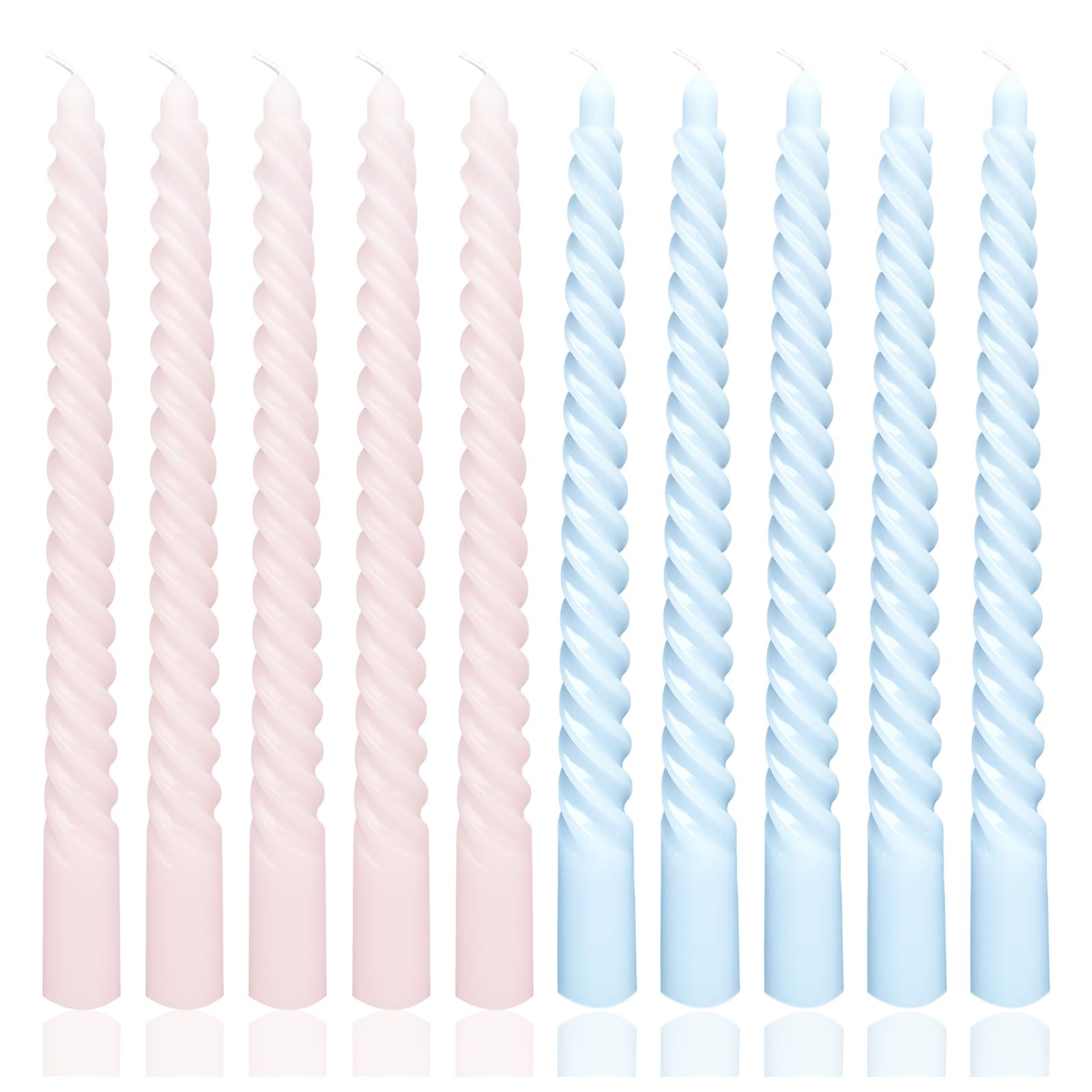 Photo 1 of 10 Inch 10 Pack Baby Pink and Baby Blue Spiral Taper Candle Set, Unscented Dripless Candlesticks for Dinner Baby Shower Party Brithday Wedding and Home Decoration