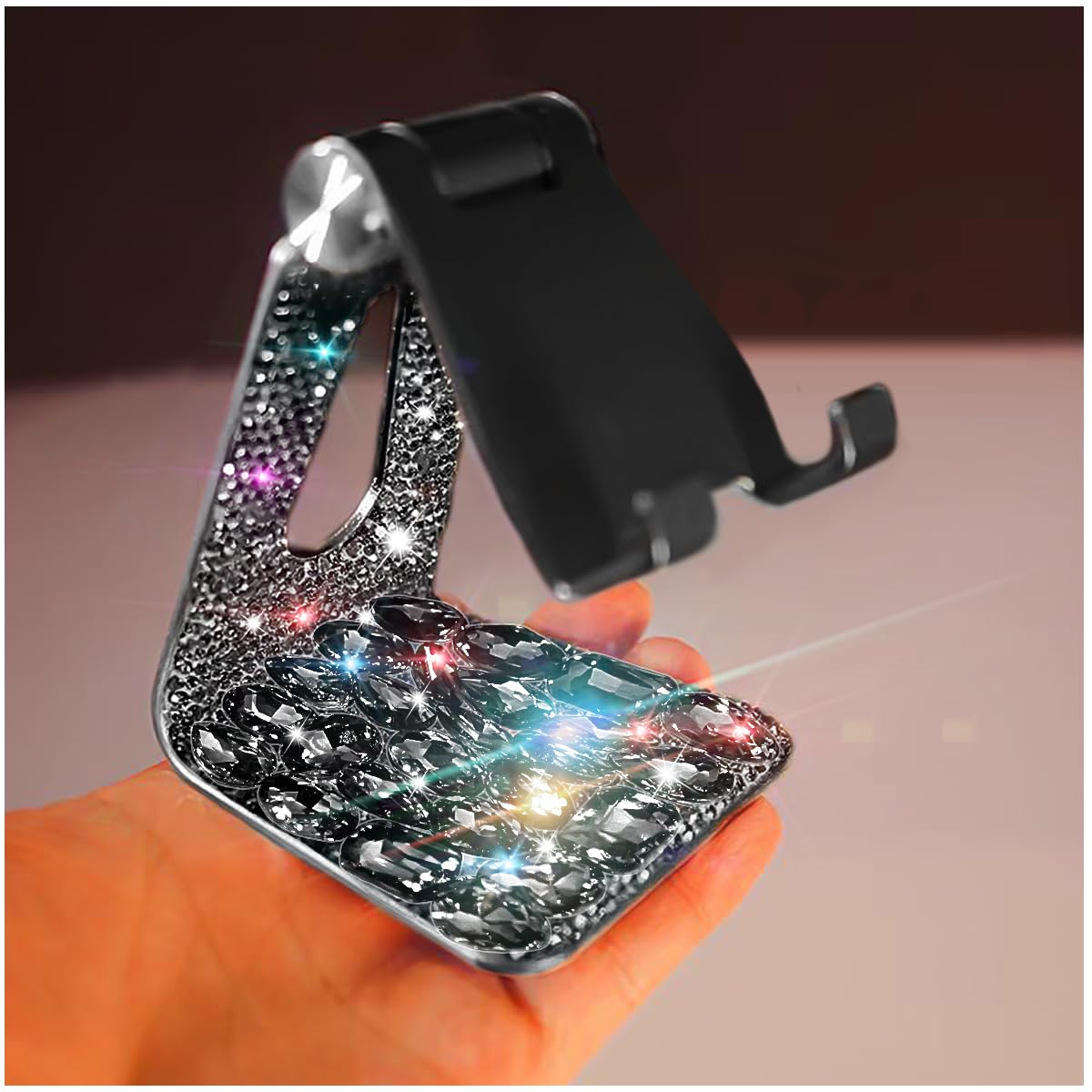 Erolagomat Bling Crystal Phone Stand for Desk,Glitter Adjustable Cell Phone Holder, Desktop Holder Compatible with iPhone 15 Pro Max 14 Plus 13 12 11 and Samsung, All Phones (Black Diamond)