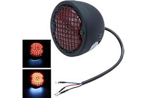 FATECIM Round Motorcycle LED Tail Light Rear Brake Stop Light Red Lens Grille Ribbed Integrated License Plate Lamp for Harley