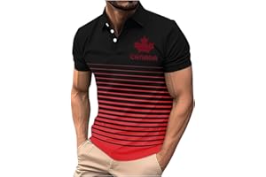 Sinzelimin Men's Maple Leaf Shirts Canada Independence Day T-Shirt Fashion Striped Short Sleeves Button Lapel Golf Tees Shirt