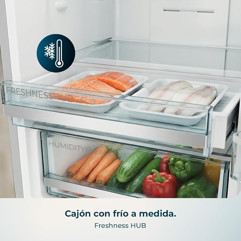 Bolero CoolMarket Combi 356i Dark D Combi Frigorífico 356L. 200cm de altura, 59,5 cm de largura, Classe E, Tecnologia Multi Airflow, FreshnessFlex e HumidityFlex HUB