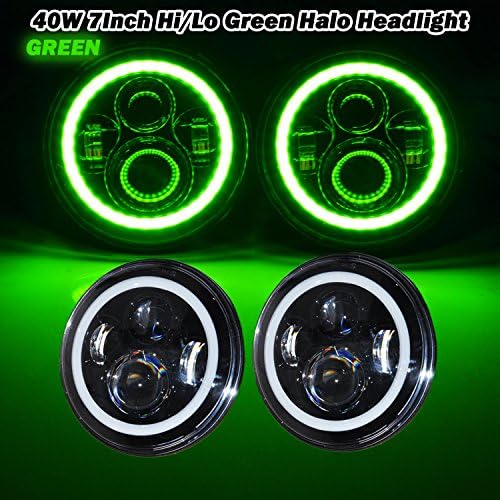 Ohmu 40W 7 Inch Round Halo Turning Signal Light Halo Ring Angel Eye Osram Led Headlights Turning Signal Lights Day Running Light for Jeep Wrangler JK TJ CJ Harley Headlight DRL (Green Halo)