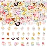 Beadthoven 70Pcs Resin Ice Cream Cabochons Flatback Dessert Beads Charms Sweet Cute Candy Cupcake Heart Charm Ornament Colorful Scrapbooking Embellishments Slime Charms for Hair Phone Case Decor
