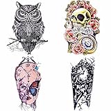 COKOHAPPY 4 Sheets Rose Skull Celtic Owl Clock Machine Look Real Flash Temporary Tattoo
