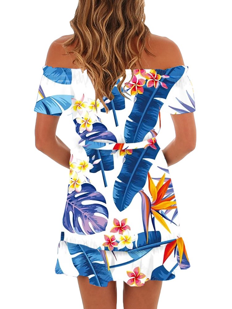 Gemijack Womens Hawaiian Dresses Off The Shoulder Floral Short Sleeve