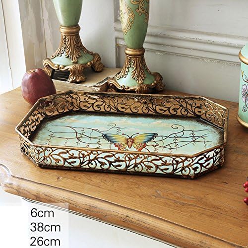 Decorative jewelry trays American style Village Retro Metal Ornatedecorativetray,Living room coffee table soft furnishings-E 38x26x6cm(15x10x2)