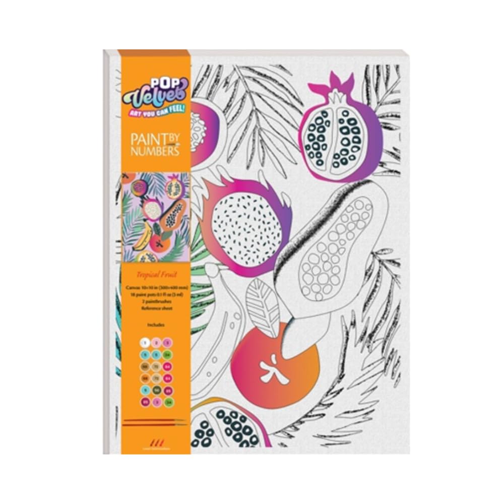 Hinkler | Pop Velvet Paint by Numbers Canvas – Tropical Fruit Design | Canvas with Velvet Details | Complete Paint by Numbers Craft Kit with Paints & Brushes