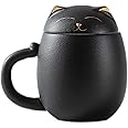 DUANMUL Cat Mug Cute Ceramic Coffee Cup with Infuser and Lid,Filter for Steeping Loose Leaf,kawaii coaster,Novelty Morning Cup Tea Milk Christmas Mug Chinese Handmade Porcelain Teacup(Black)
