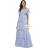 homdor Tiered Ruffles Bridesmaid Dresses for Women 2026 V Neck Chiffon Formal Evening Dresses with Sleeves