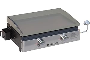 HongTaok 23 Inch Tabletop Propane Gas Grill Griddle with Stainless Steel Front Plate, Portable Propane Flat Top Grill for Camping, Outdoor Cooking, BBQ, 2 Burners