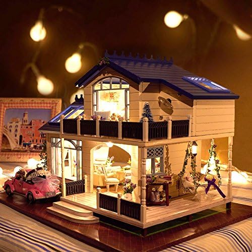 OK59 happy family dollhouse DIY Handcraft Miniature Voice-activated LED Light&amp;Music with Cover Provence Dollhouse Birthday Gift