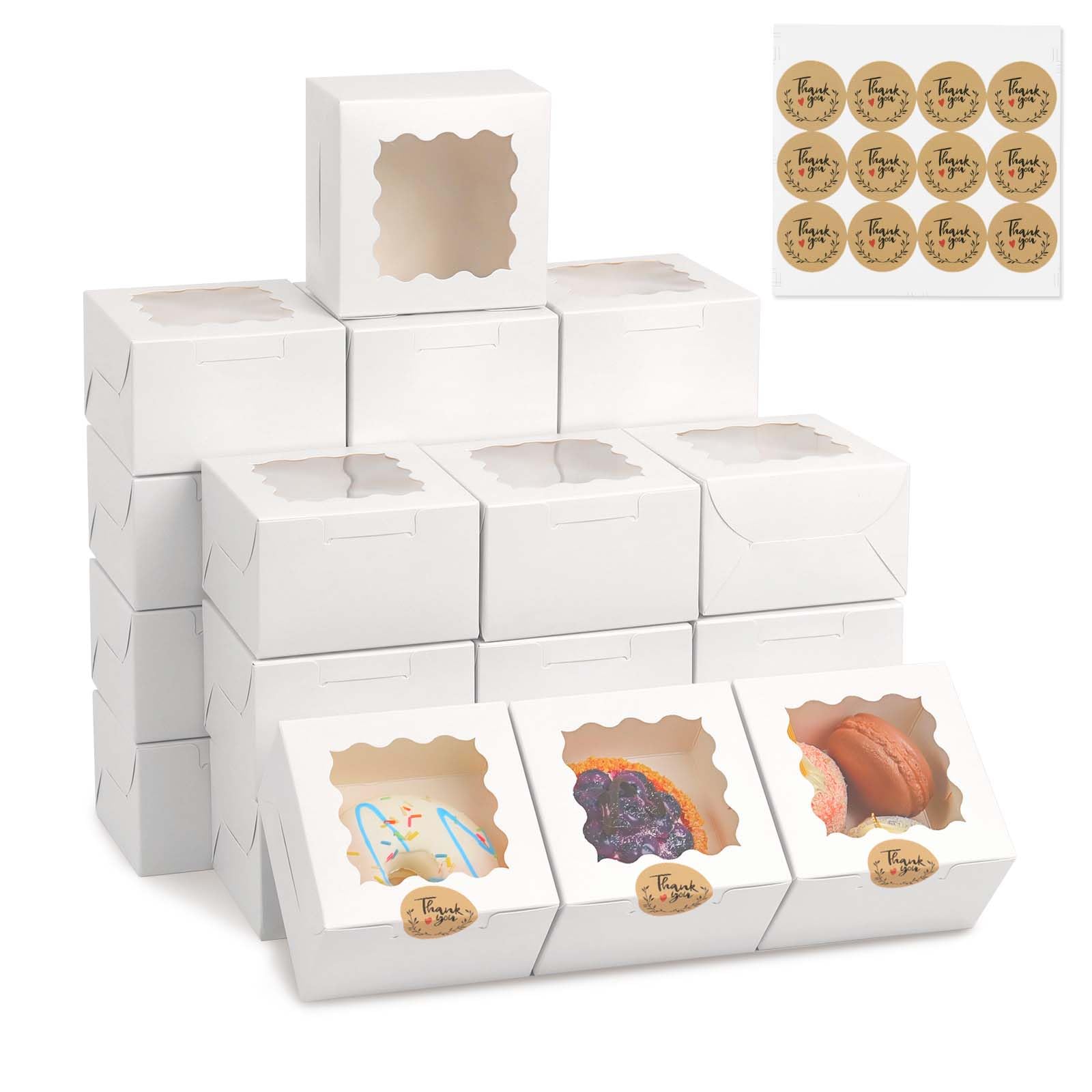 Photo 1 of 50 Pcs 4x4x2.5 Inch Bakery Boxes with Window, White Cookie Boxes for Gift Giving, Treat Box for Desserts, Macarons, Donuts, Pastries