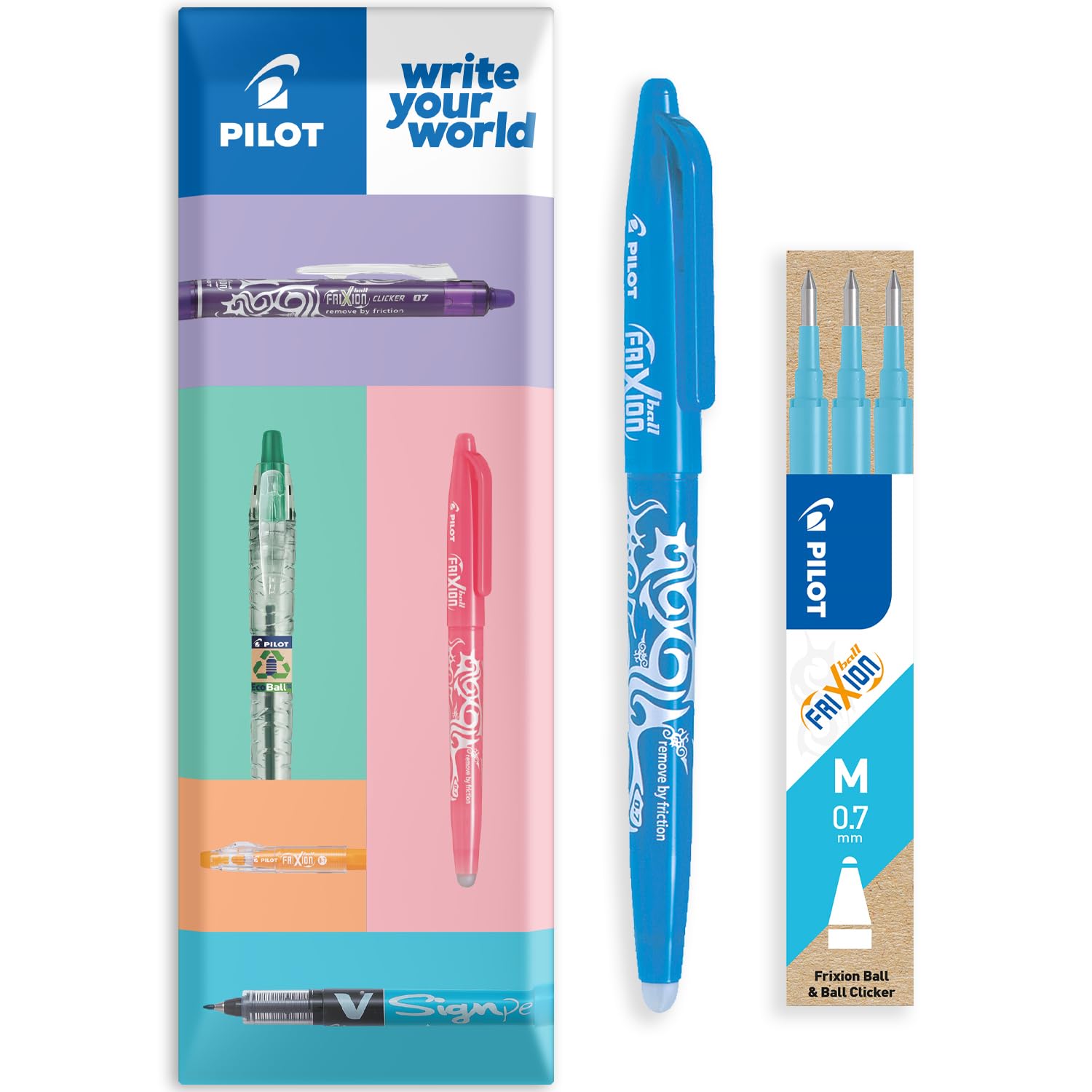 PILOT Frixion Heat/Friction Erasable Rollerball Pen FR7 - Medium Line 0.7mm Tip Nib - Envelope Gift Packaging - Pack of 1 Pen + 3 Refills (Light Blue)