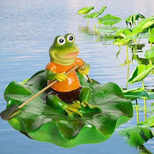 SIGMALL Floating Pond Decor, Funny Rowing Frog Statue, Outdoor Simulation Resin Cute Frog Sitting on Lotus Leaf, Floater for Home Pool Lawn Decoration Garden Art in Water (Rowing Frog)