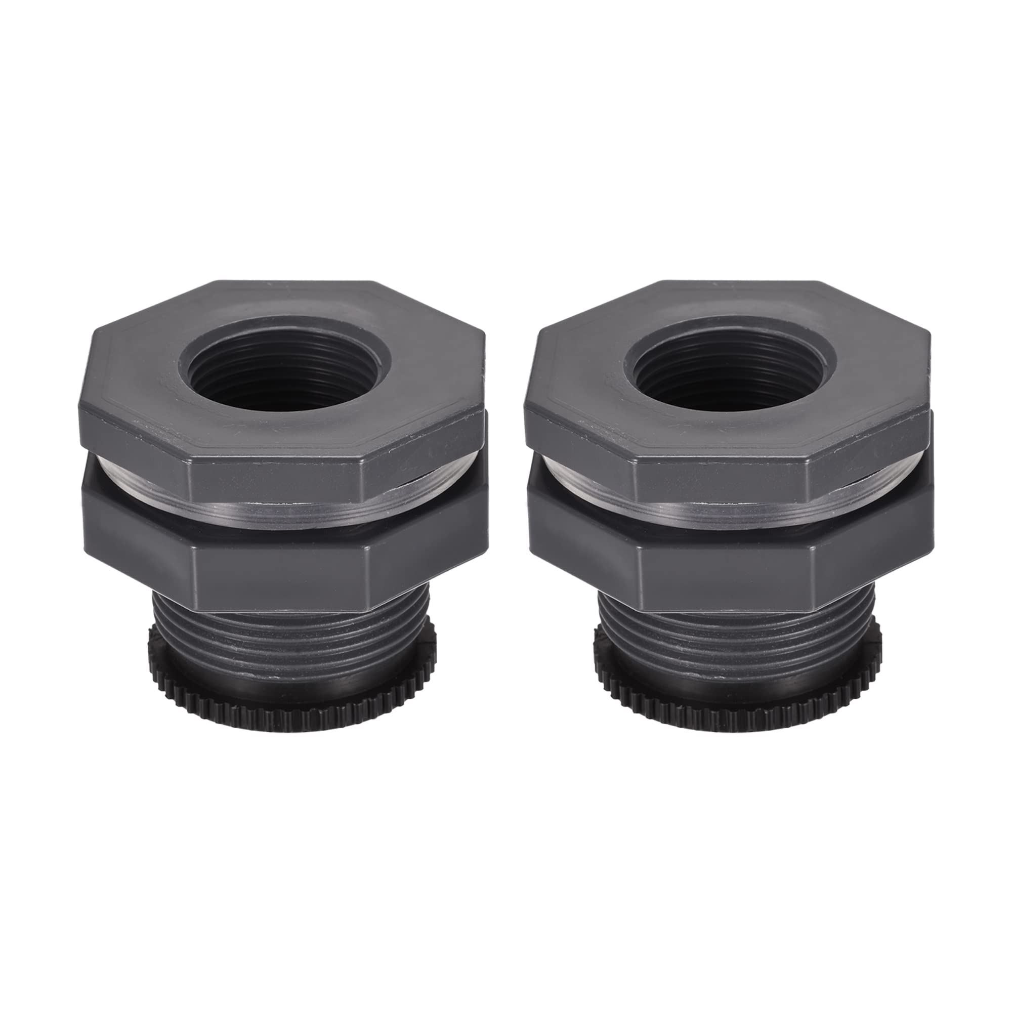 M METERXITY 2 Set PVC Bulkhead Fitting - Threaded Bulkhead Water Tank Connector, with Plug Fitting, Apply to Aquariums, Rain Buckets (G1 Thread, Gray)