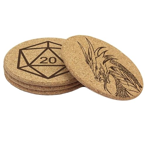 D20's and Dragons Cork Coaster Set of 4, 6, or 8, or 10 Double Sided D&D Coasters