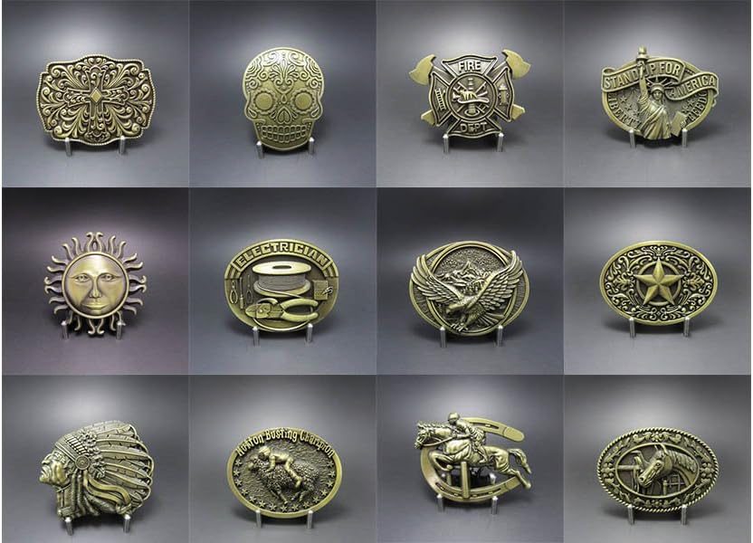 12 Pcs Shown As Picture Mutton Busting Champion Electrician Trades Tradesman Eagle In Flighting Western Horse Saddle Oval Western Star Oval American Indian Chief Flame Face Liberty Enlightening The World Fire Firefighter Totem Tattoo Skull Celtic Cross Horse Jumping Sports Bronze Belt Buckle