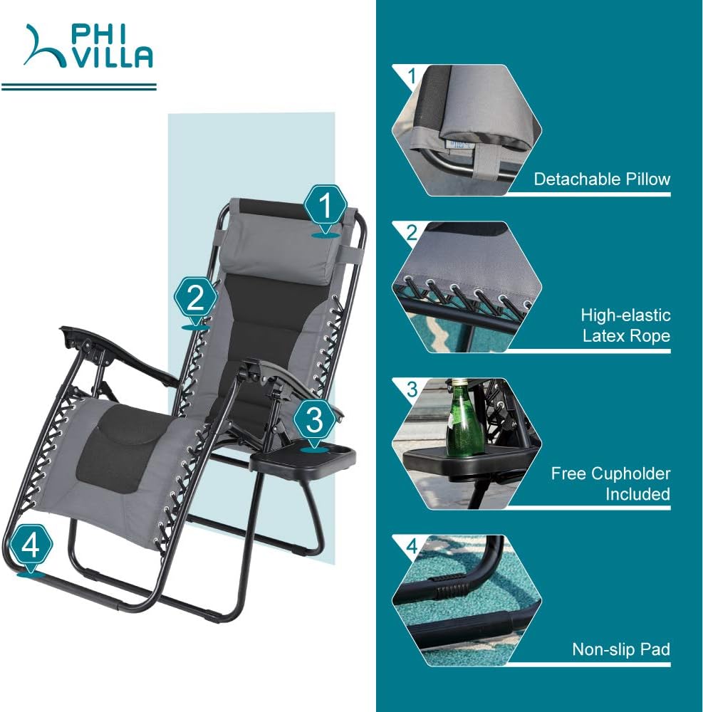 PHI VILLA Zero Gravity Chair Padded Recliner Adjustable Lounge Chair with Free Cup Holder (Grey) : Garden & Outdoor