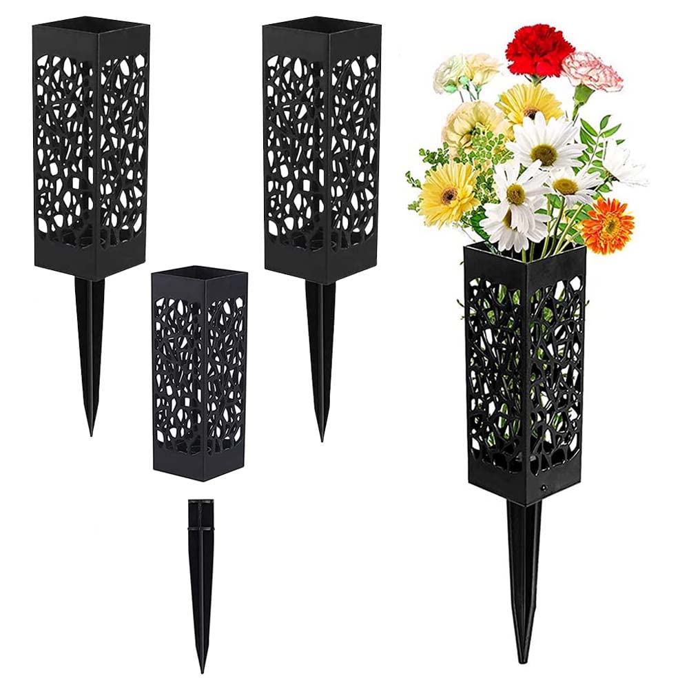 Grave Flower Holders, Cemetery Vases with Spikes for Fresh/Artificial Flowers, Grave Decorations Plastic Rectangle Vases for Gravestone Grave Outdoor Ground Flower Markers (4 Pack)