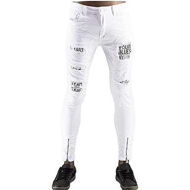 Rush Pantalones Vaqueros Blancos Finos Para Hombre Con Tiras