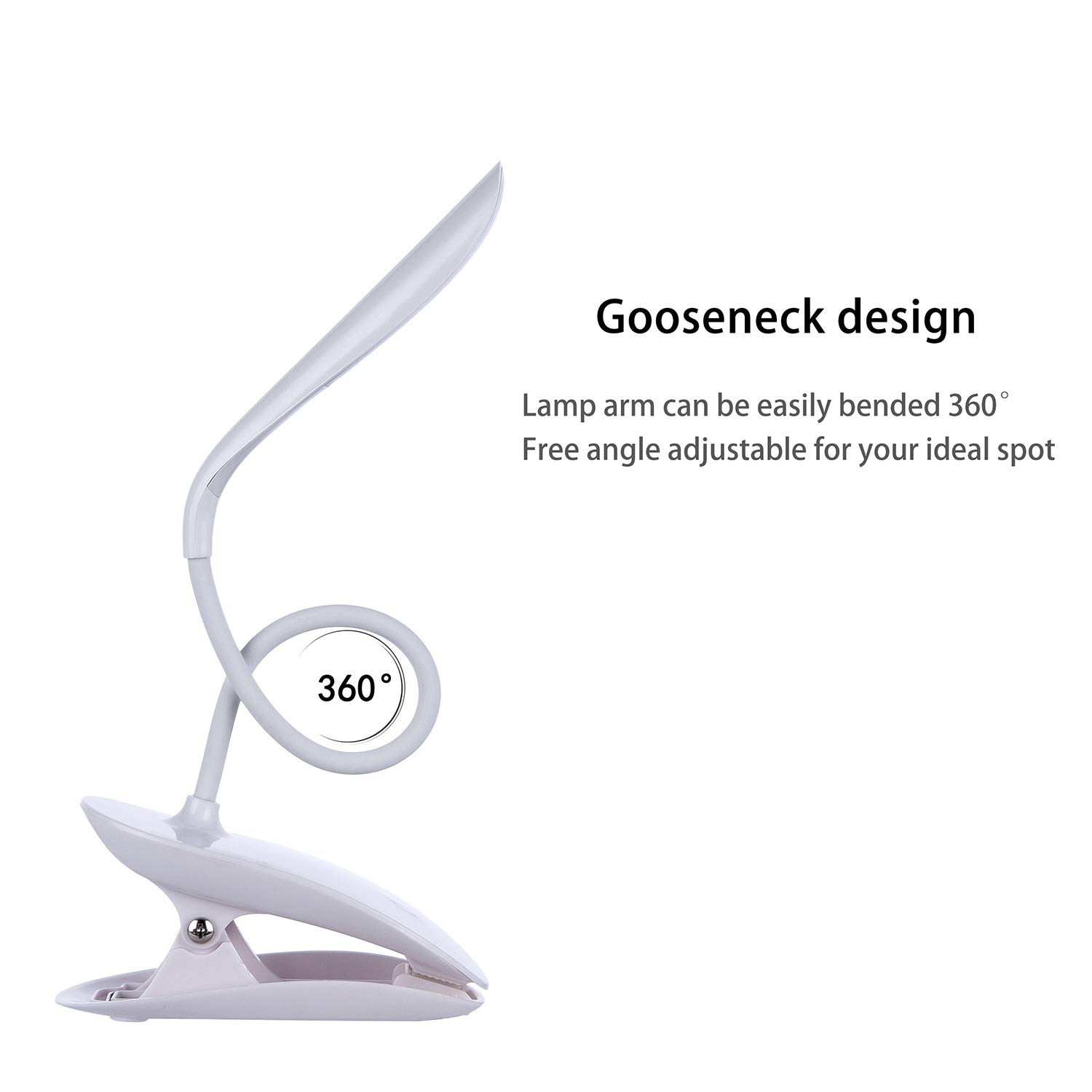 Rechargeable USB Clip on Lamp Reading Light Modern Desk Light Goose Neck with Touch Control LED 3-Level Brightness Adjustable