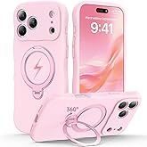 Peerock 360 Spin Silicone Stand Cover for iPhone 17 Pro Case [Cute Wavy & Full Camera Protection] Fit for MagSafe Shockproof Women Girl Phone Case for iPhone 17 Pro 6.3", Chalk Pink