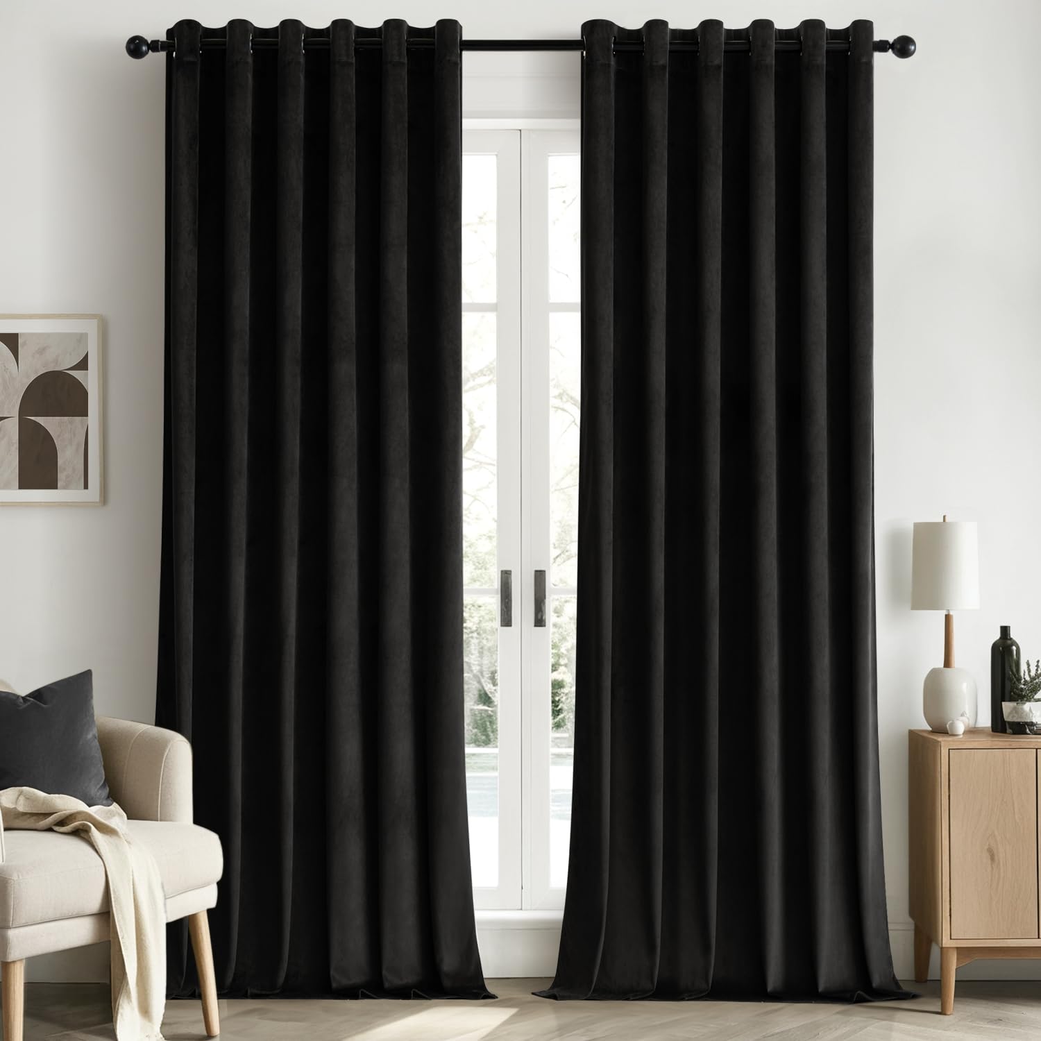 Woaboy Velvet Curtains 90 Drop Black Curtain for Living Room Thermal Blackout for Bedroom Luxury Eyelet Drapes Super Soft Window Treatment Insulated Soundproof & Room Darkening W 90 x L 90 2 Panels