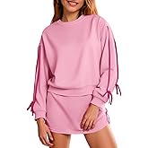 Fisoew Womens 2 Piece Outfits Casual Crewneck Tie Sweatshirt High Waisted Running Skort Skirts Workout Tracksuit Sets
