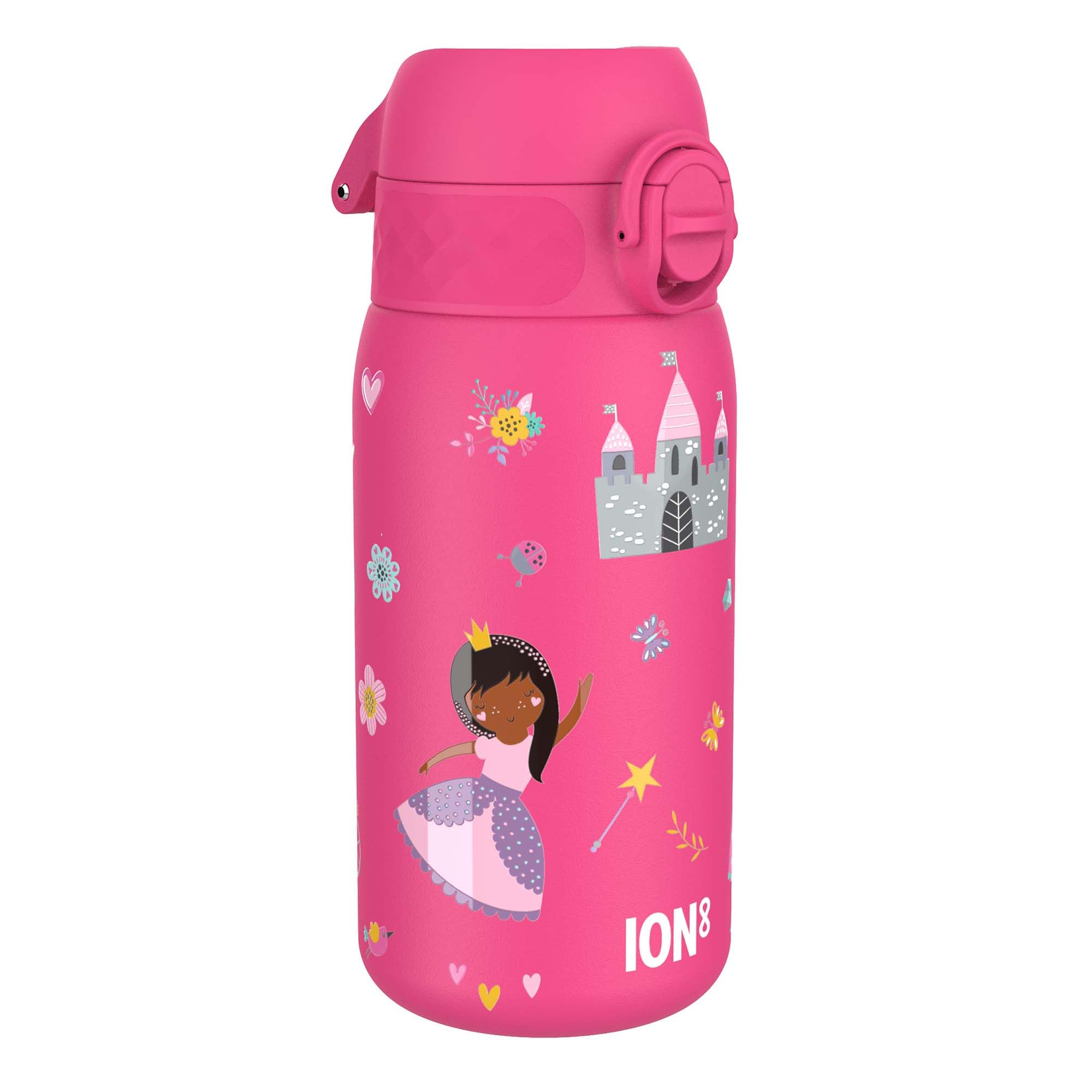 Ion8 Lightweight Steel Kids Water Bottle, 400ml/13oz, Non-Insulated, Leak Proof, Easy to Open, Secure Lock, Dishwasher Safe, Fits Cup Holders, Carry Handle, Metal Water Bottle, Pink, Princess