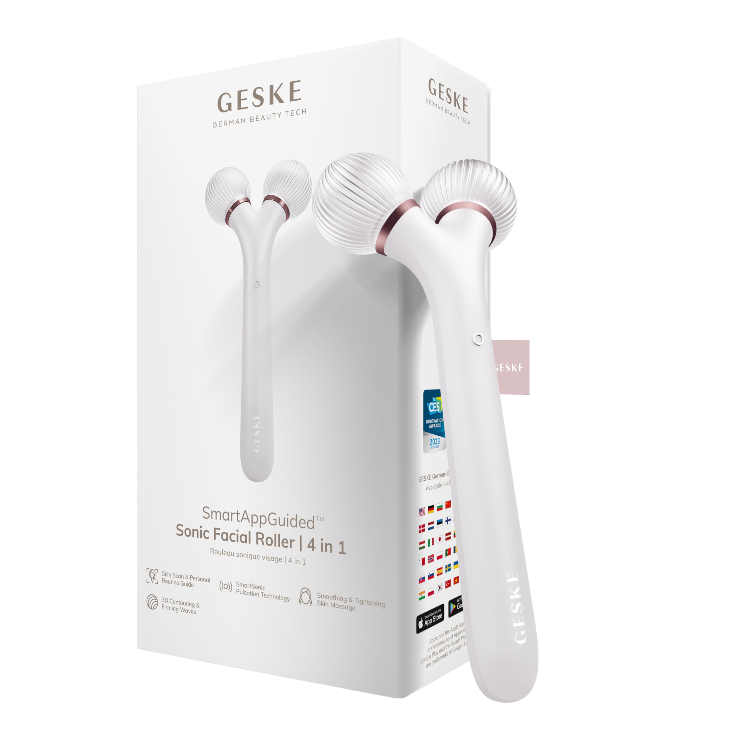 GESKE SmartAppGuided™ Sonic Facial Roller | 4 in 1 | Derma Roller | Facial dermasmooth stimulator | professional facial roller | for skincare and beauty routine