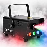 500W Fog Machine with 3 RGB LED Lights, 2000 CFM &amp; Wireless Remote | 0.5L tank, 5-8 min warm-up, 13-ft output and one-touch 25-30 sec wireless fog bursts; RGB LEDs cycle red/green/blue