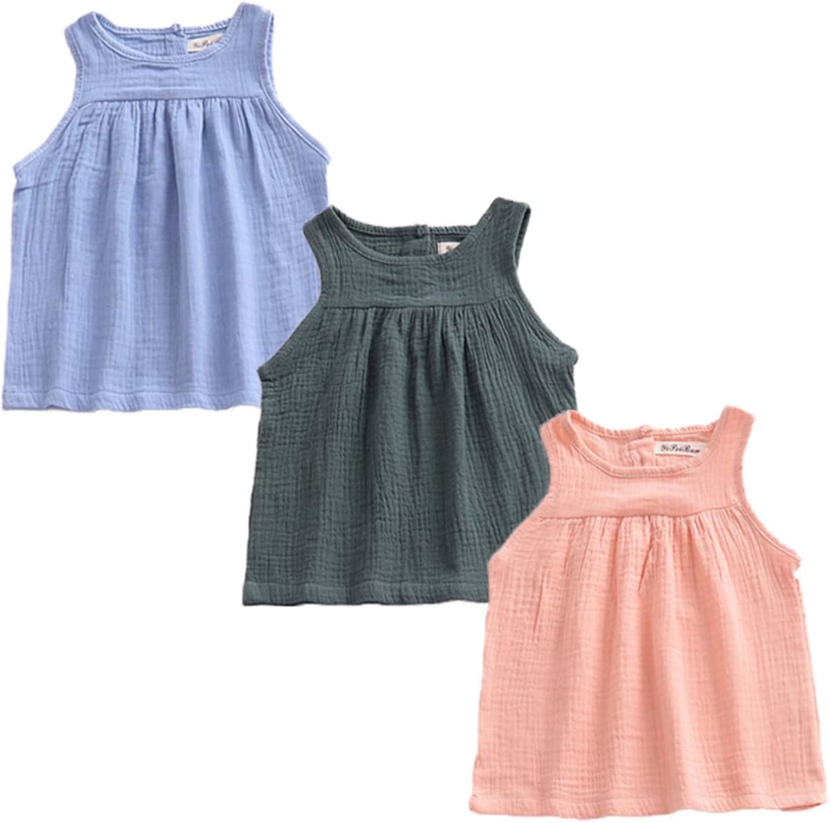 YAKETERA 3 Pack of Baby Toddle Infant Girls Cotton Linen Blend Tank Tops T Shirts Blouse: Clothing