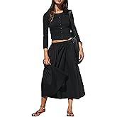 ZIZERY Womens Skirt Sets Long Sleeve Button Down Cardigan Elastic Waist Dress Midi Skirt Fashion Clothes(Black,M)